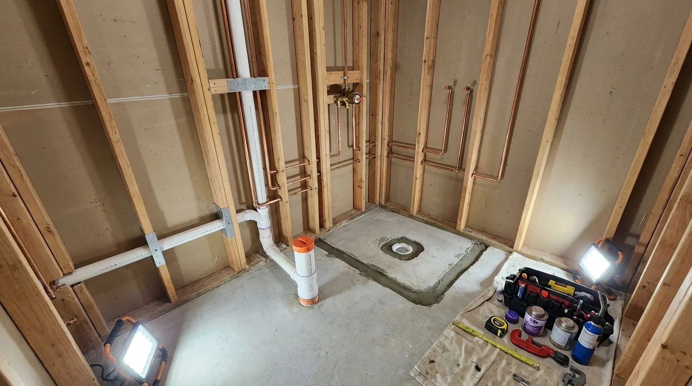 Bathroom rough-in plumbing during remodel by Johns Plumbing LLC in Sugar Grove