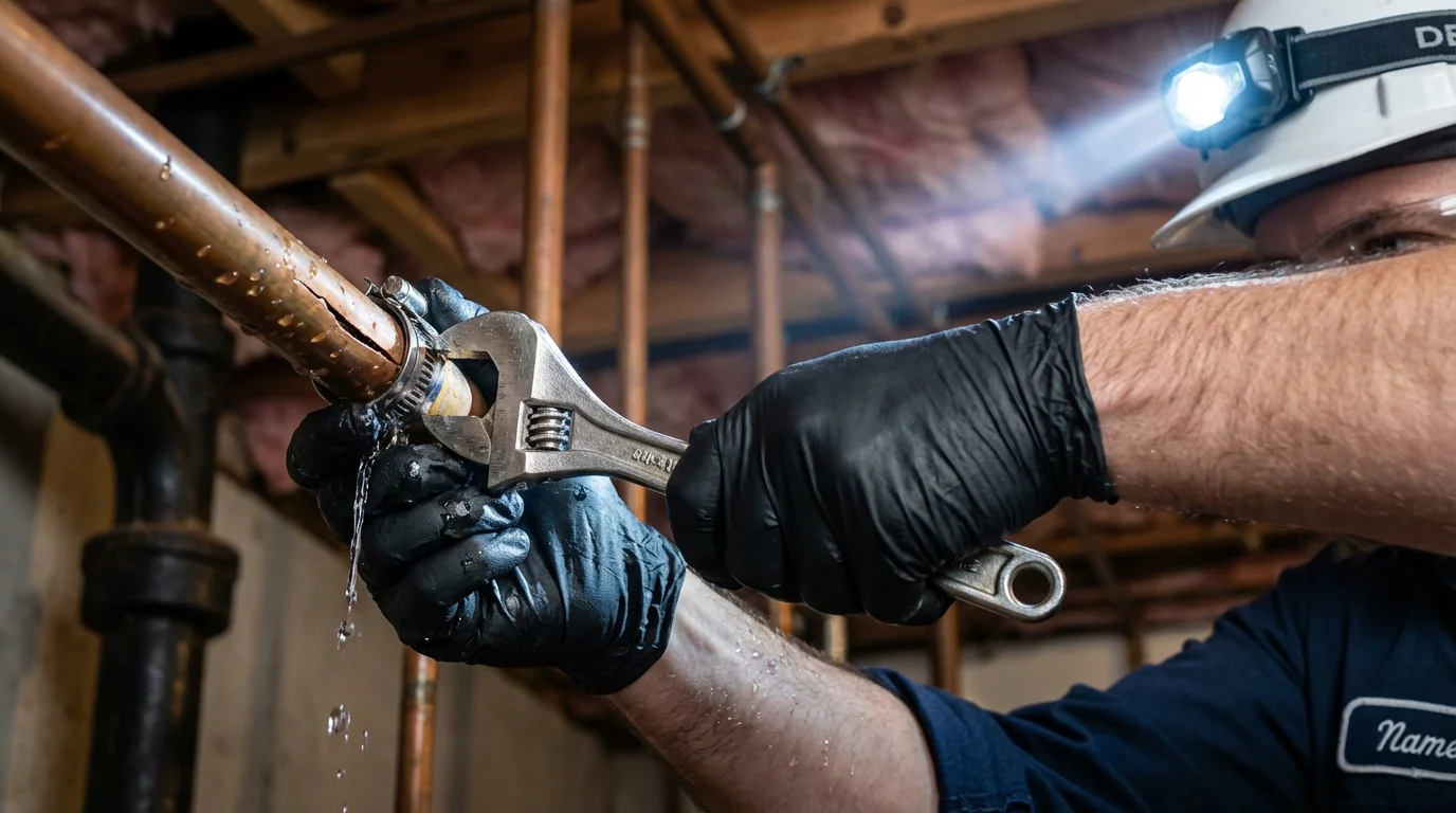 Emergency pipe clamp repair being performed by a Johns Plumbing LLC plumber in Sugar Grove