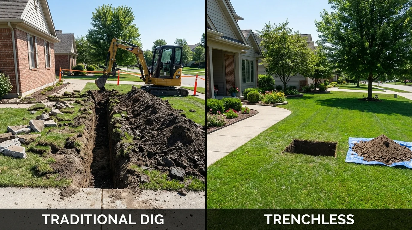 Trenchless sewer repair with minimal yard damage versus traditional excavation in Sugar Grove, IL