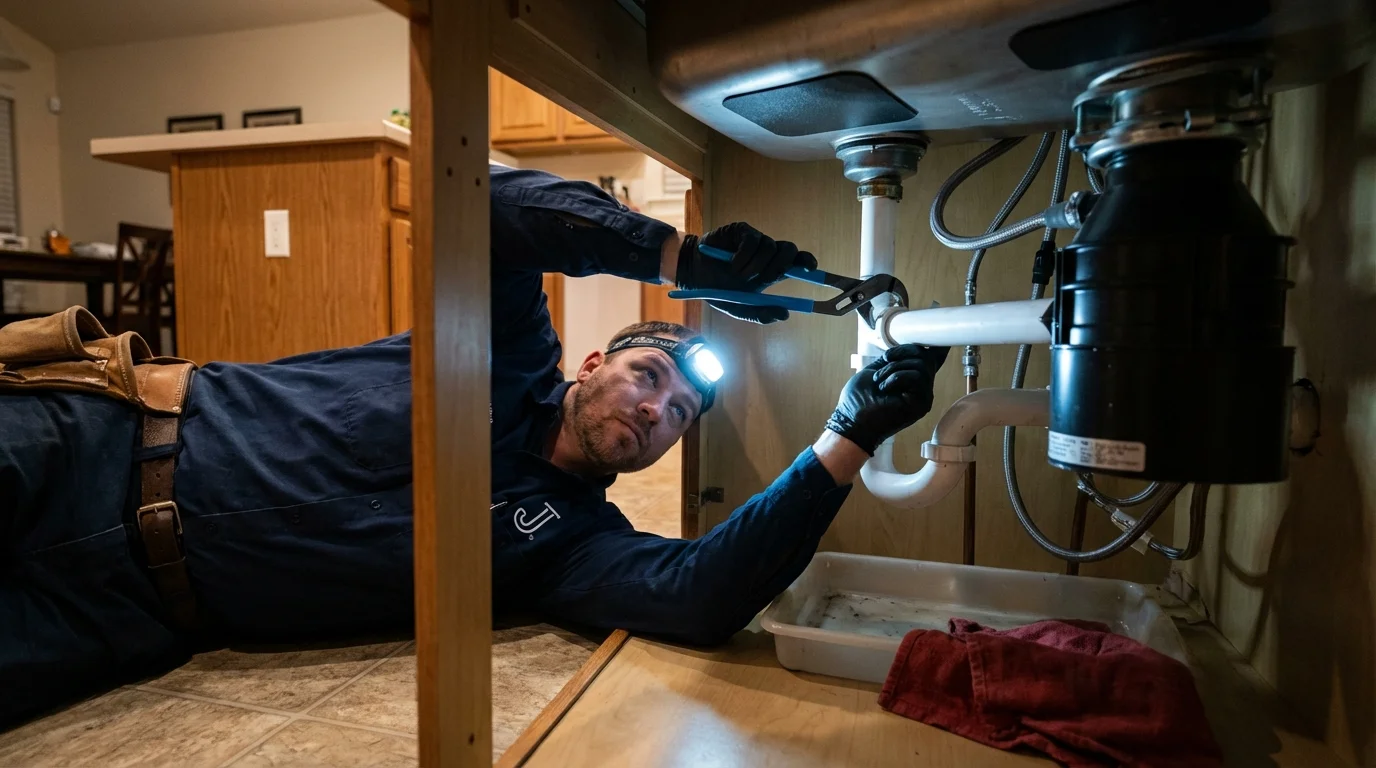 P-trap and supply line connections under a kitchen sink showing a common leak point in Sugar Grove, IL
